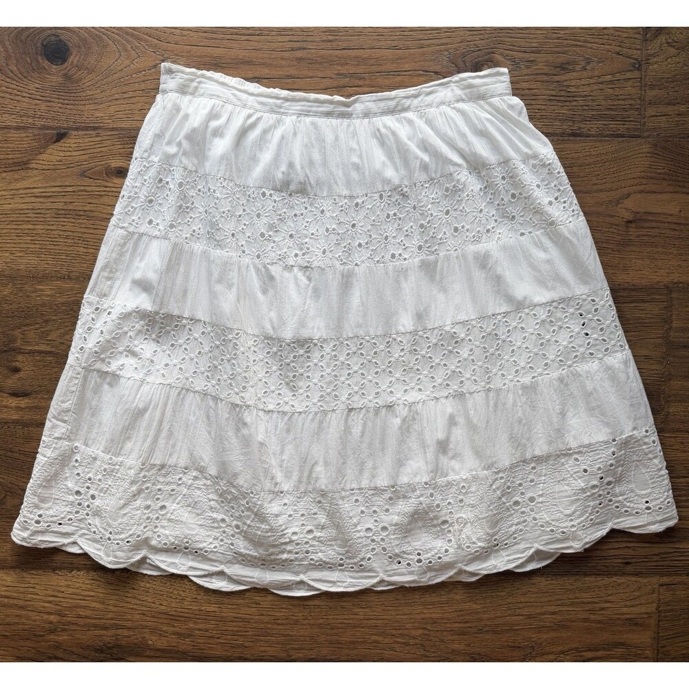 Studio West White Eyelet Embroidered Cotton Skirt XL Boho A-Line Lined Elastic